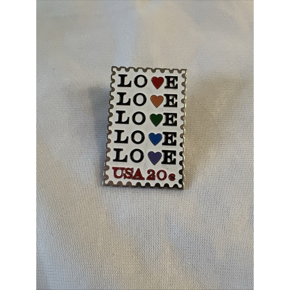 Vintage 20 Cent 1984 LOVE Stamp Lapel Pin Silver Tone The March Co 1x1.5"